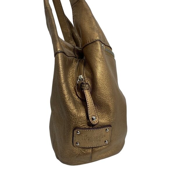 TIGNANELLO Metallic Bronze Leather Hobo Bucket Shoulder Bag + Keychain, Wallet - Picture 5 of 14